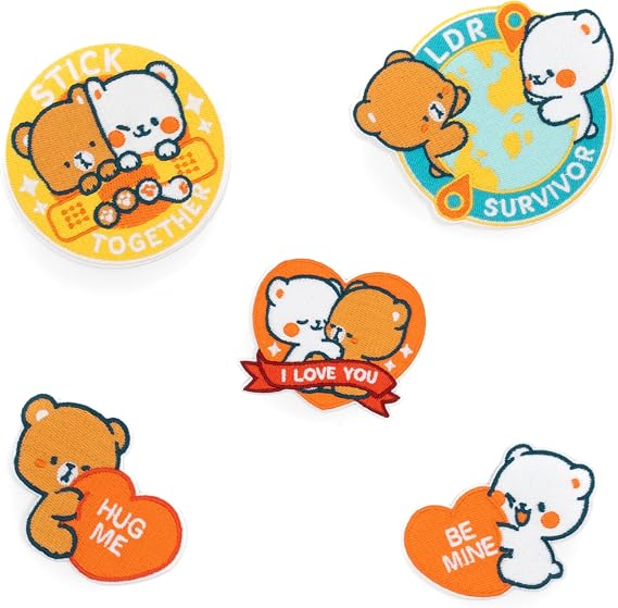 I Love You Patches Set of 5 Authentic Milk Mocha Bear Merchandise Iron-On Easy to Apply Cute Adorable Cotton Embroidered for Clothing Bags Hats DIY Accessories