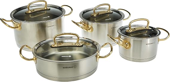 Korkmaz Proline Gold Stainless Steel Cookware Set, European Quality Cooking Pots with Tempered Glass Lids, 8 Pcs