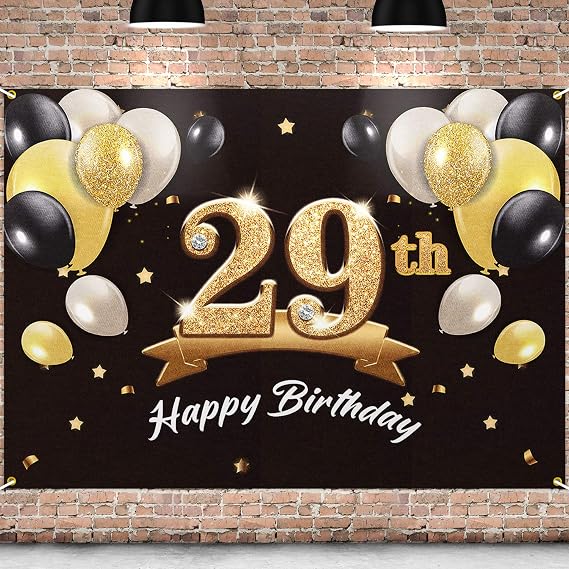 Happy 29th Birthday Banner Backdrop - 29 Birthday Party Decorations Supplies for Men - Black Gold 4 x 6ft