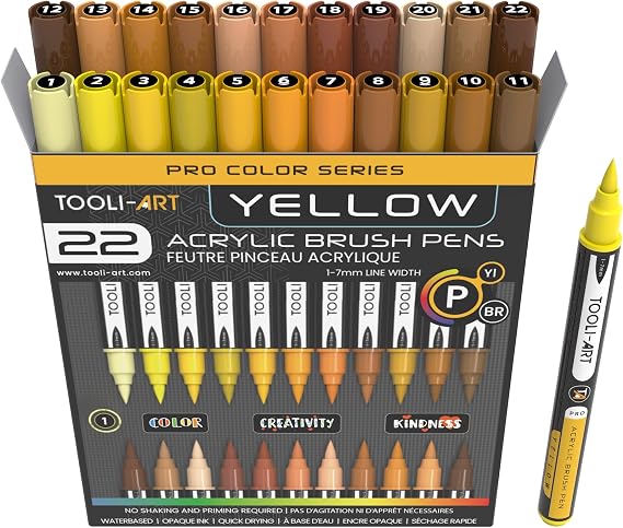 TOOLI-ART 22 Flexible Brush Tip Acrylic Paint Pens Markers Set 1-7mm Line for Rock Painting, Glass, Mugs, Wood, Metal, Canvas, Plastic. Non Toxic Waterbased Quick Drying Assorted Yellow