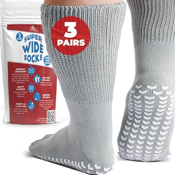 3 Pairs Extra Wide Socks for Swollen Feet - Non Slip Diabetic Socks for Men, Hospital Use