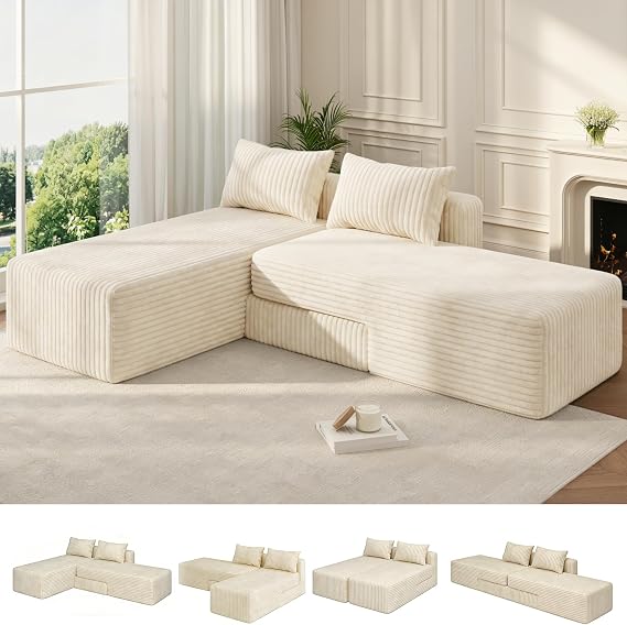 Boneless Modular Sectional Sofa, Flexible Adjustable Upholstered Couch with No Hard Frame, Easy to Move & Rearrange, Space-Saving for Apartment, Small Living Room, Dorm, Beige