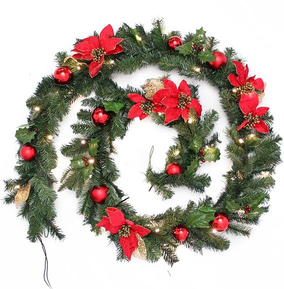 WeRChristmas Pre-Lit Decorated Garland Illuminated with 40 Warm White LED Lights, 9 feet - Red/Gold