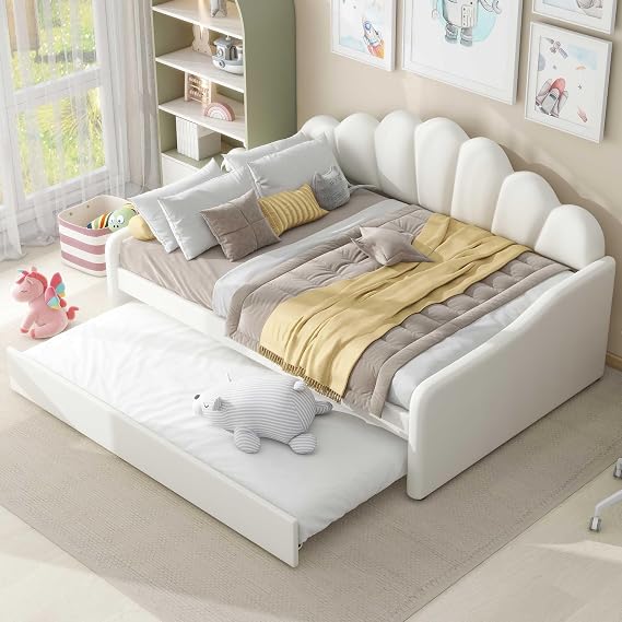 Full Upholstered Daybed with Trundle, Velvet Upholstered Daybed Frame with Shell Shaped Backrest & Armrests, Full Size Sofa Bed Frame for Living Room Guest Room, Beige