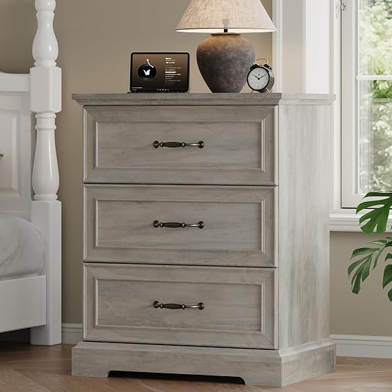 Farmhouse 3 Drawers Dresser for Bedroom, 24" Wide Modern Chest of Drawers with Deep Drawers & Bar Handles, Rustic Wood Nightstand, Wooden Closet Storage Organizer for Living Room, Hallway, Grey