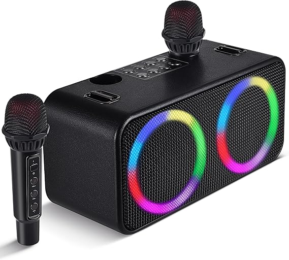 Portable Karaokee Machine 2 Microphones, Outdoor Bluetooth Speaker Karaoke Machine, Karaoke Microphone Machines Kid Adult Wireless PA TF USB Sound Effect Light Outdoor/Indoor Home Party, Dark Black