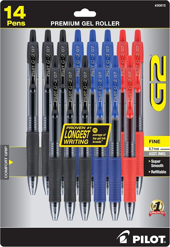 PILOT G2 Premium Gel Roller Pens, 1 mm, Pack of 14, Black, Blue, Red