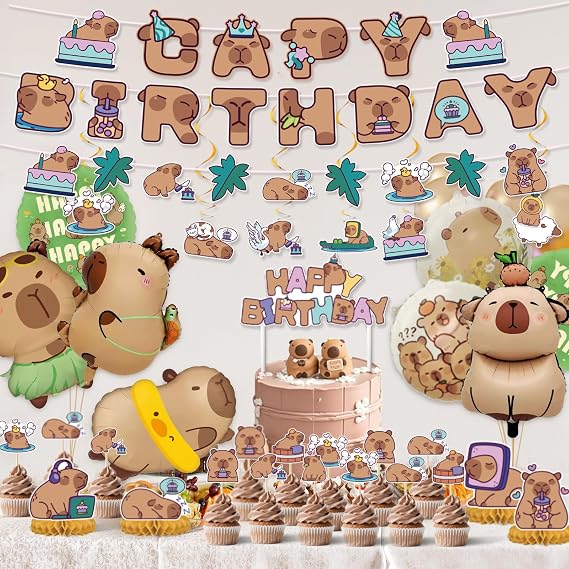 43 PCS Capybara Birthday Party Decorations Set Cartoon Cute Brown Capybara Party Decor Supplies Includes Foil Balloons Happy Birthday Banners Hanging Swirls Honeycomb Centerpieces Cupcake Toppers