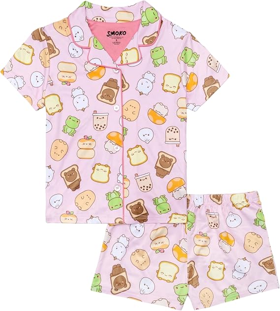 Smoko Girls' 2-piece Loose-fit Button Down Matching Pajama Set, Soft & Cute for Kids