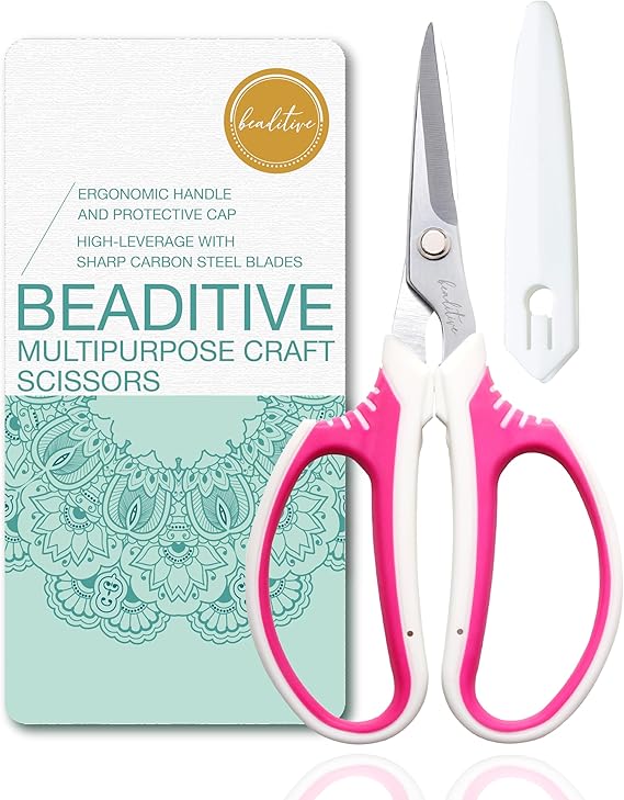 Beaditive Multipurpose Craft Scissors - High-Leverage Crafting Scissors with Sharp Carbon Steel Blades - Ergonomic Sewing Scissors for Heavy Duty Projects - Safe Office, Scrapbook, Leather Scissors