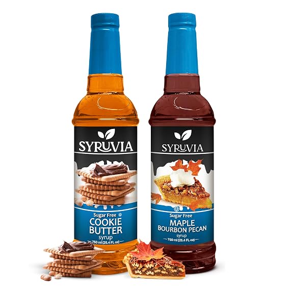 Syruvia Sugar-Free Cookie Butter & Maple Bourbon Pecan Coffee Syrup - 25.4 fl oz Premium Coffee Flavoring Syrup. 0 Calories, Kosher and Gluten-Free. Perfect for Drinks, Sodas, Shakes, Desserts, More