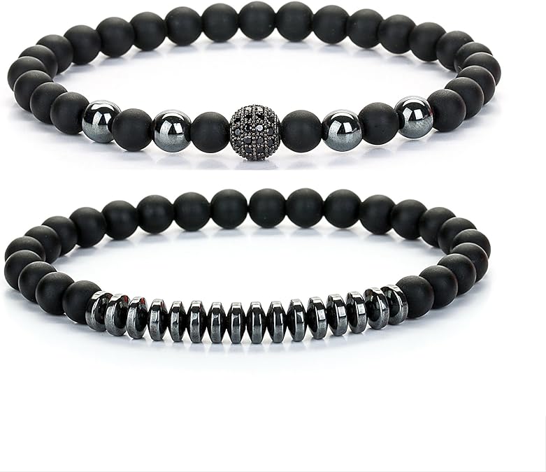 Beads Bracelet Set for Men with Black Onxy Crown Tiger Head Charm Handmade Jewelry