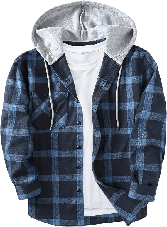 Hooded Flannel Shirts for Men Plaid Long Sleeve Flannel Jacket Hoodies | Button-Down, Lightweight Coat, Classic Plaid Shirts with Hood, Flannel Hoodies with Pocket