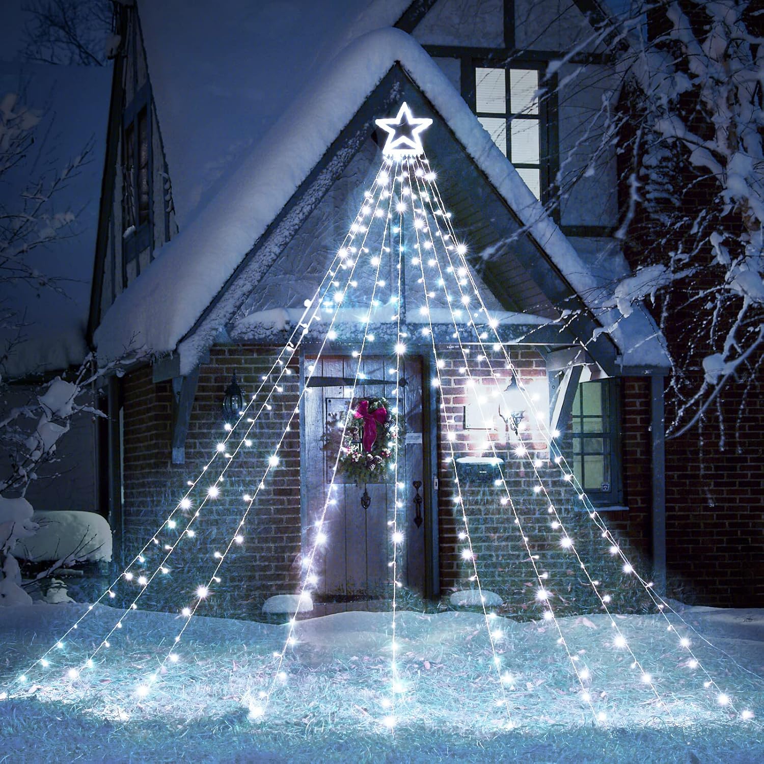 Toodour Christmas Decorations Outdoor Star Lights, 317 LED 10ft X 9 Waterfall Tree Lights with 12 Topper Star, 8 Lighting Modes Outside Christmas Lights for Yard Garden Holiday Decor White