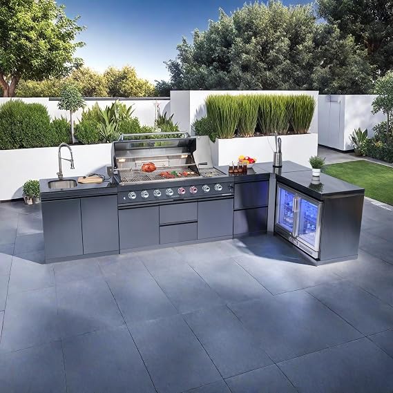 Modular Outdoor Kitchen BBQ Island, Outdoor Kitchen Propane Gas Island Grill with Sink, Compact Refrigerator, Storage Cabinets, Rotisserie Kit (Black, 157")