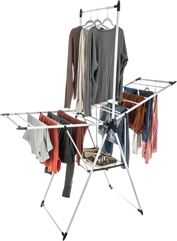 Home-Complete Clothes Drying Rack - 2-Level Laundry Drying Rack with 24 Drying Rails, Hanging Bar, and 2 Height-Adjustable Wings - Indoor/Outdoor Foldable Drying Rack (White)