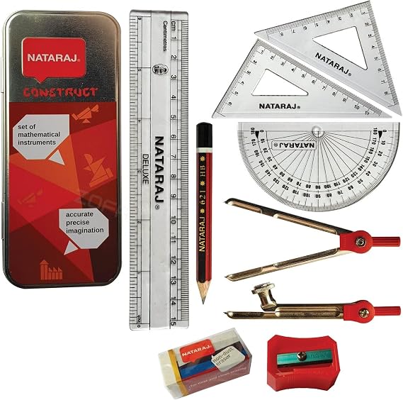 B2SGeo Maths Geometry Set, Compass Divider Ruler Protractor Set Squares Pencil Sharpener Eraser, School Exam Instrument Set, iZOFAX Black Ball Pen
