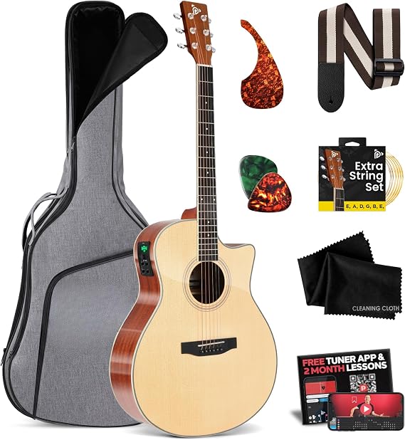 Pyle Premium Electric Acoustic Guitar Kit, 41" Full Size Dreadnought Cutaway with Spruce Top, Mahogany Sides, Gig Bag, Strap, Pickguard, Picks, Extra Steel String Set for Beginners, Advanced, Natural