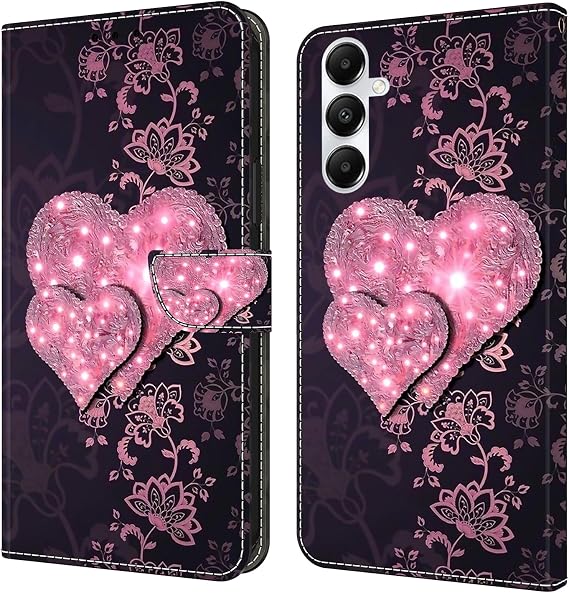 Case Shiny Premium Soft Glitter PU Leather Phone Holster 3D Pattern Wallet for Samsung Galaxy A05s,Heart to Heart