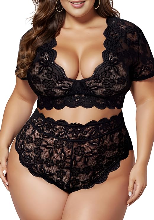 Plus Size 2 Piece Lingerie Set for Women Sexy Deep V Allover Lace Bra and Panty High Waist Nightwear Clubwear