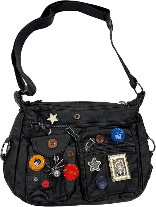 Vintage Y2K Crossbody Bag for Women- Adjustable Strap, Retro Button Design, Multi-Pocket PU Leather Bag