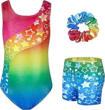 JiAmy Girls Gymnastics Leotards, Glitter Ballet Dance Unitards Biketards Activewear with Short & Hairband for Kids