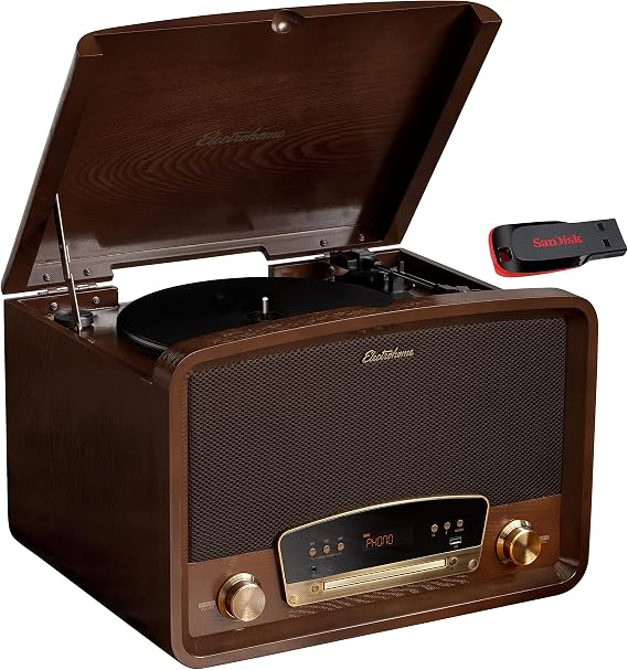 Electrohome Kingston 7-in-1 Vintage Vinyl Record Player Stereo System - 3-Speed Turntable Bluetooth AM/FM Radio CD Aux in RCA/Headphone Out Vinyl/CD to MP3 Recording & USB Playback w/ 32GB USB Drive