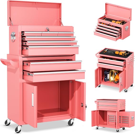 8-Drawer Rolling Tool Chest Heavy-Duty Steel Tool Cabinet with Detachable Top Box & Locking Wheels Secure 2-in-1 Garage Workshop Storage, Tool Organizer (Pink)