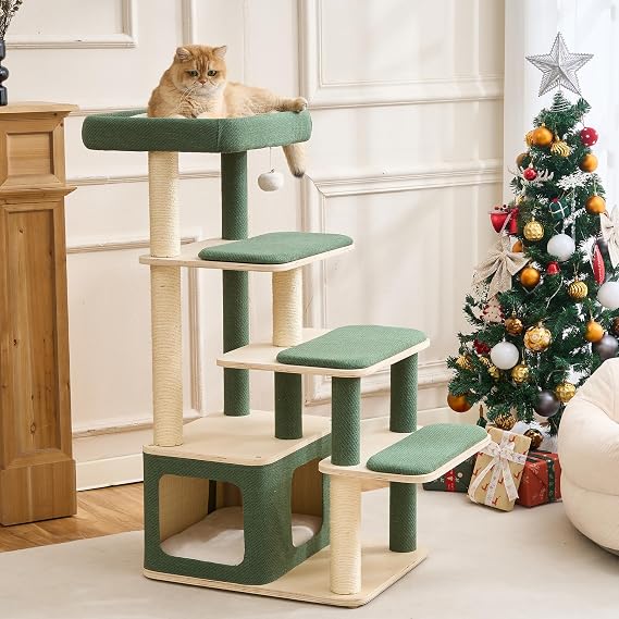 Modern Wood Cat Tree Tower for Large Cats - 43.5 Indoor Wooden Cat Condo with Sisal Scratching Posts, Washable Cushions, Large Top Perch & Easy Climb Steps for ElderlyShort-Legged Cats Multi-Cat Use