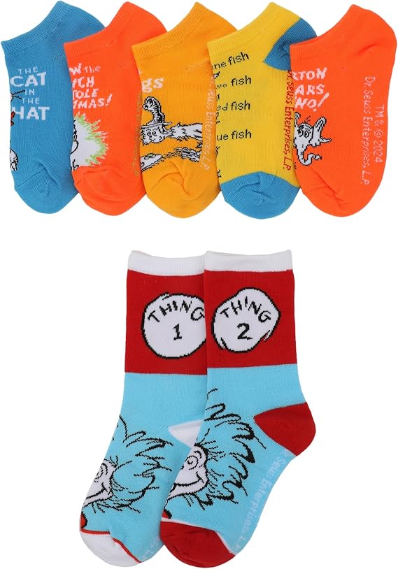 Bioworld Dr. Seuss Book Titles and Characters Kids Week Of Socks Box Set Crew and Ankle Mix And Match 7 Pairs
