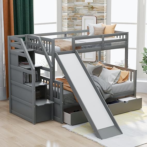 Bellemave Wood Bunk Bed, Twin Over Full Bunk Beds with Drawer and Stairs, Bunk Beds with Slide for Girls Boys, Grey