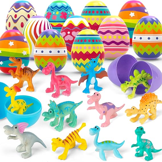 12pcs Easter Egg Prefilled with Mini Dinosaur Toy Inside, For Easter Hunt