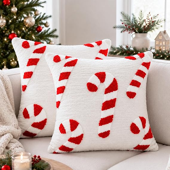 AYGXU Christmas Pillow Covers-Christmas Decor,2 Packs Candy Cane Pillows 18 * 18in,Throw Pillows for Couch for Bedroom Sofa Living Room
