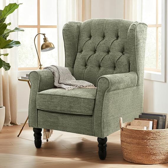 COLAMY Mid-Century Modern Living Room Armchair Padded Wingback Chair with Button Quilting Lounge Chair Cover Made of Fabric with Solid Wood Legs for Living Room Office Cafe - Green