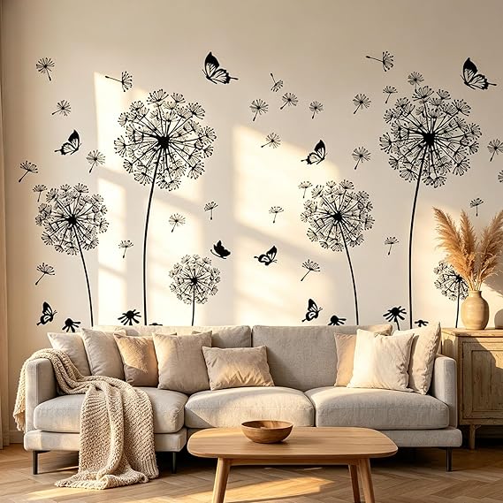 2 Set Dandelion Wall Decals Flower Stickers Murals Butterflies Wall Decor for Bedroom Office Bathroom Living Room Floral Wall Decals Removable Wall Art Decoration Peel Stick Room Wall Decor