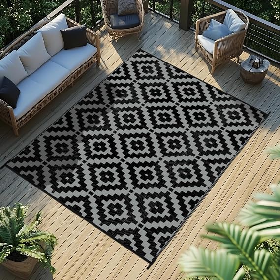 Favoyard Outdoor Rug Black & Grey 5x8 ft Waterproof Reversible Carpet Mat
