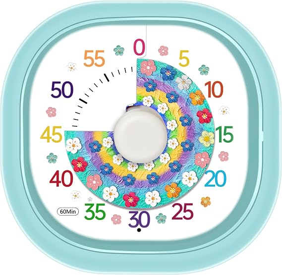 60 Minute Visual Timer for Kids Adults – Silent Countdown Clock for Home and School, Timers with Colorful Flower Design No Ticking 2 Alert Modes Small Timer for Classroom Kitchen Home, Blue