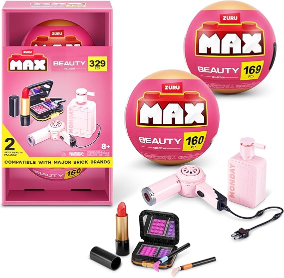 MAX Build More Premium Beauty Collection 2 Pack (Lip and Face Makeup Kit & Hair Dryer & Monday Shampoo) by ZURU Novelty Unboxing Toy & Building Brick Collectible Minis with 329 Pieces