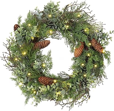 Pre Lit Christmas Wreath for Front Door Green Wreath Decorated with Pine Cones,Berry Clusters, Abundant Fit Branches 18 Lighted Christmas Wreaths for Windows Winter Wreath Hanging Wall Decor