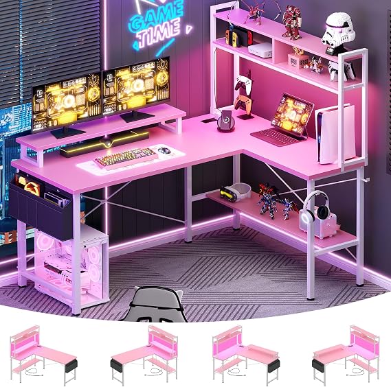Aheaplus L Shaped Gaming Desk with Power Outlets & LED Lights, Pink | Small L- Shaped Desk Computer Corner Desk with Monitor Stand & Shelf, Home Office Desk Writing Desk with Storage Bag & Hooks