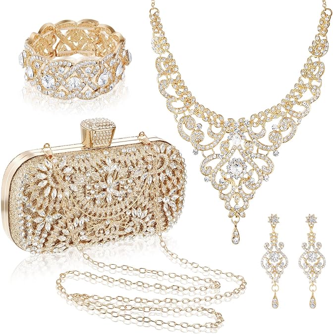 Quelay 4 Pcs Purse Rhinestone Jewelry Set for Wedding Bridal Women Evening Clutch Bag Necklace Dangle Earrings Bracelets
