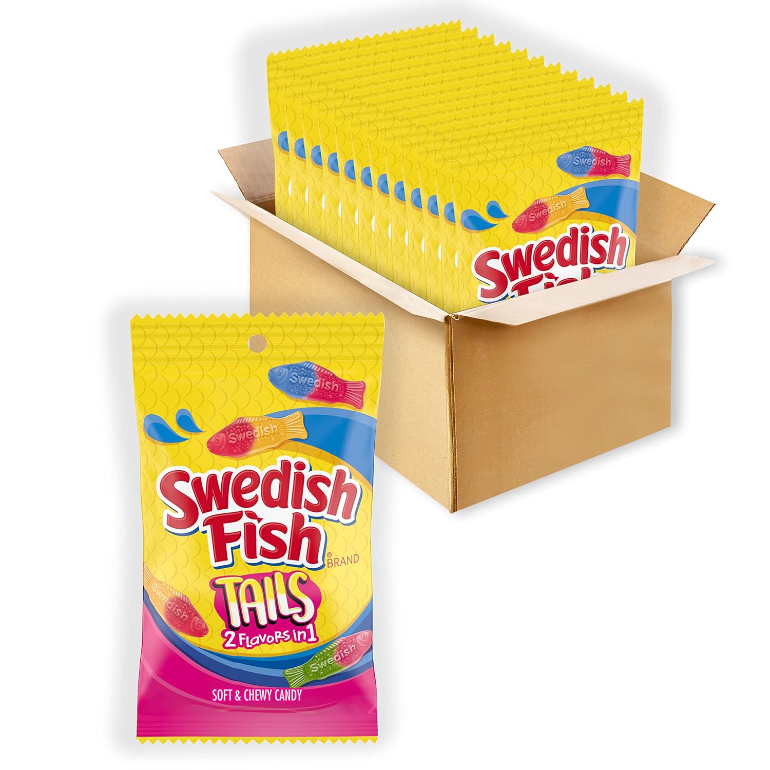 SWEDISH FISH Tails 2 Flavors in 1 Soft & Chewy Gummy Candy, Bulk Candy, 12 - 8 oz Bags
