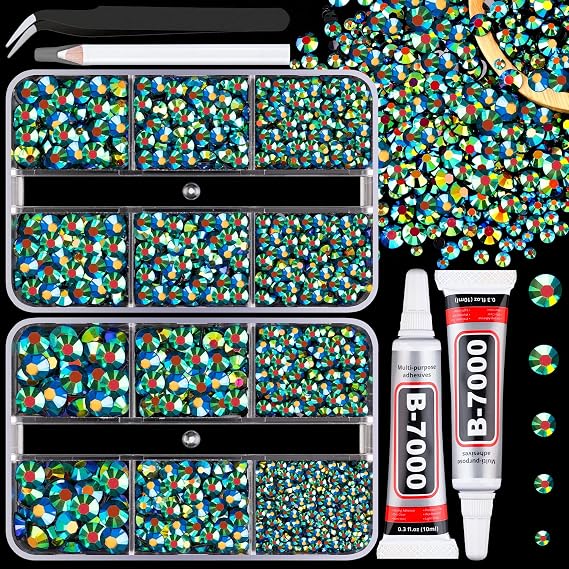 Resin Jelly Rhinestones for Crafting with B7000 Jewelry Glue, 2 Boxes Emerald Balck AB Flatback Crystals with 2Pcs 10ml Glue, Bedazzling Non Hotfix Gems for DIY Tumblers Clothing Shoes Manicure