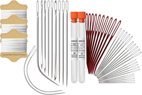 Waxed Sewing Thread (3 Rolls - White Color), Heavy Duty Needles (11 PCS), Large Eye Tapestry Needles (30 PCS) - Durable Hand Sewing Needles with Thread - Suitable for Leather, Canvas & More