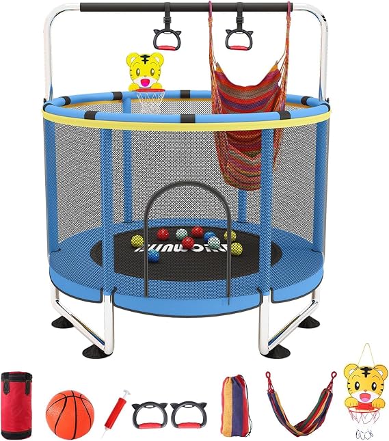 Trampoline for Kids, 55 Inch Adjustable Baby Toddler Trampoline with Basketball Hoop, 440lbs Indoor Outdoor Toddler with Enclosure (Blue)