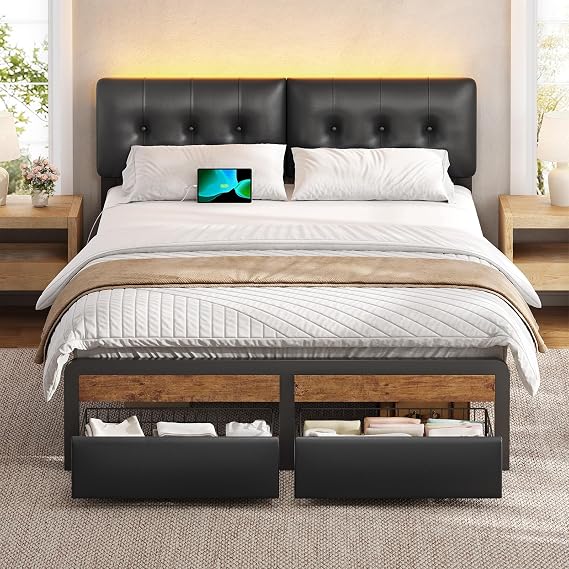 KIMENICH Double Bed Frame, Metal Bed 135 x 190 cm with 2 Drawers, 4FT6 Double Metal Bedframe with Sockets, Upholstered Height-Adjustable Headboard with LED Lighting, Easy Assembly, PU Black