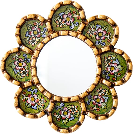 Small Green Mirror 6in for wall Decor | Peruvian Hand Painted Glass Mirror with Gold Leaf Finish | Handmade Round Mirror for houswarming