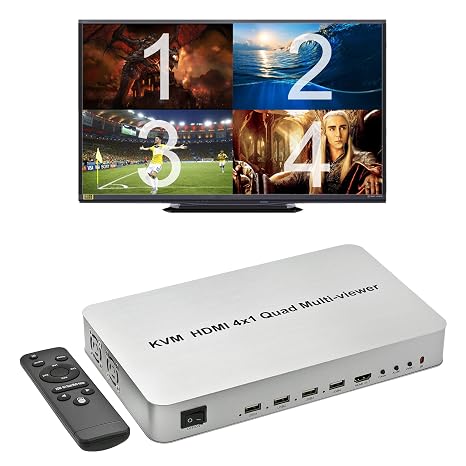 4 Ports Quad HDMI KVM Multi-Viewer/Screen Divider/Switch | 1080p @ 60Hz | 5 Viewing Modes | USB Switch | Shares 4 USB Devices on 4 Computers