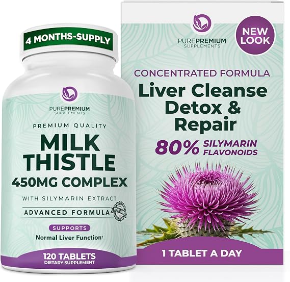 PurePremium Milk Thistle Supplement, 80% Silymarin Extract - 120 Count | High Potency Milk Thistle 450mg, Liver Cleanse Detox & Repair, Vegan, Non-GMO, Gluten-Free, Third Party Tested, Made in USA