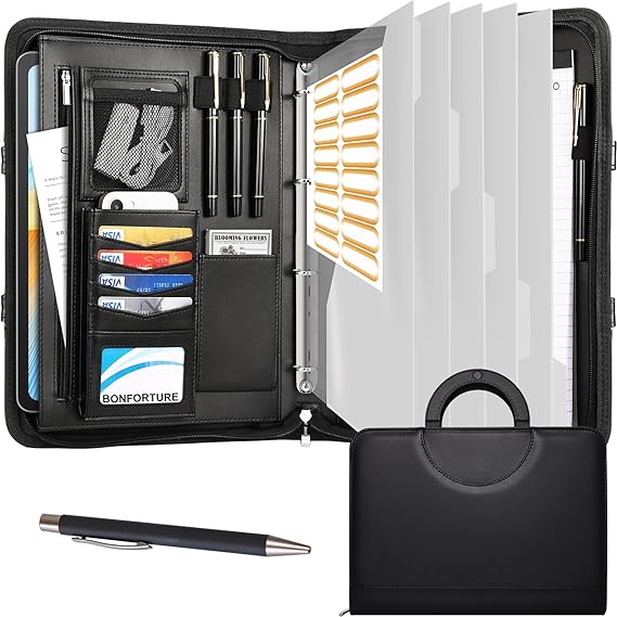 A4 Writing Case with 5 Transparent Pockets Conference Folder with Handle 4 Ring Binder Zip Clipboard Notepad Pen Document Folder Folder for Office Business University School